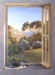 Italiaans landschap gezien door een geopend raam. Op de vensterbank een schaal met pruimen en druiven.