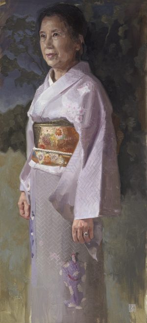 Yoshimi #oilpainting by Gabriëlle Westra Een Japanse vrouw in een kimono.