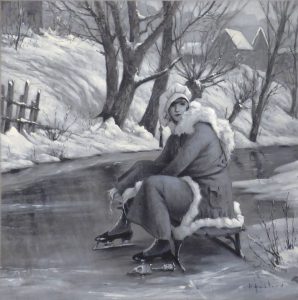 Nostalgic black and white acrylic painting of a woman ready to go ice skating.