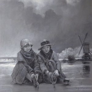 Nostalgic black and white acrylic painting of two women ready to go ice skating. A mill in the background.
