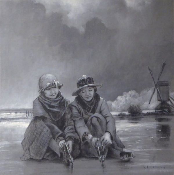 Nostalgic black and white acrylic painting of two women ready to go ice skating. A mill in the background.