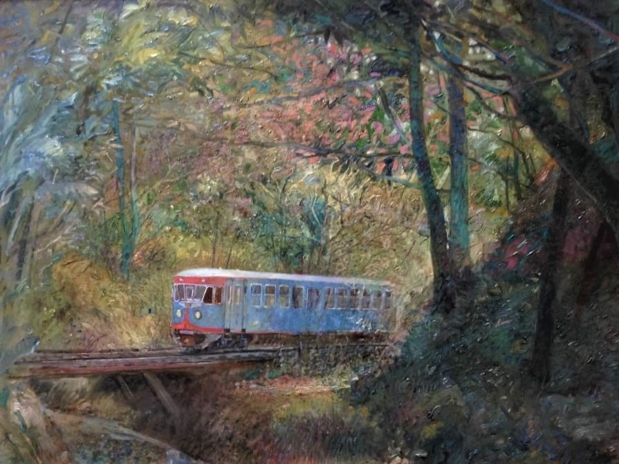 Rein Pol dieseltrein in een sprookjesbos #oilpainting