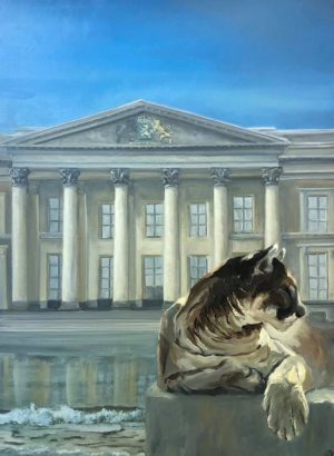 Een witte leeuw ontsnapt uit fronton van het gerechtsgebouw, gereflecteerd te zien in het golvende water op de voorgrond