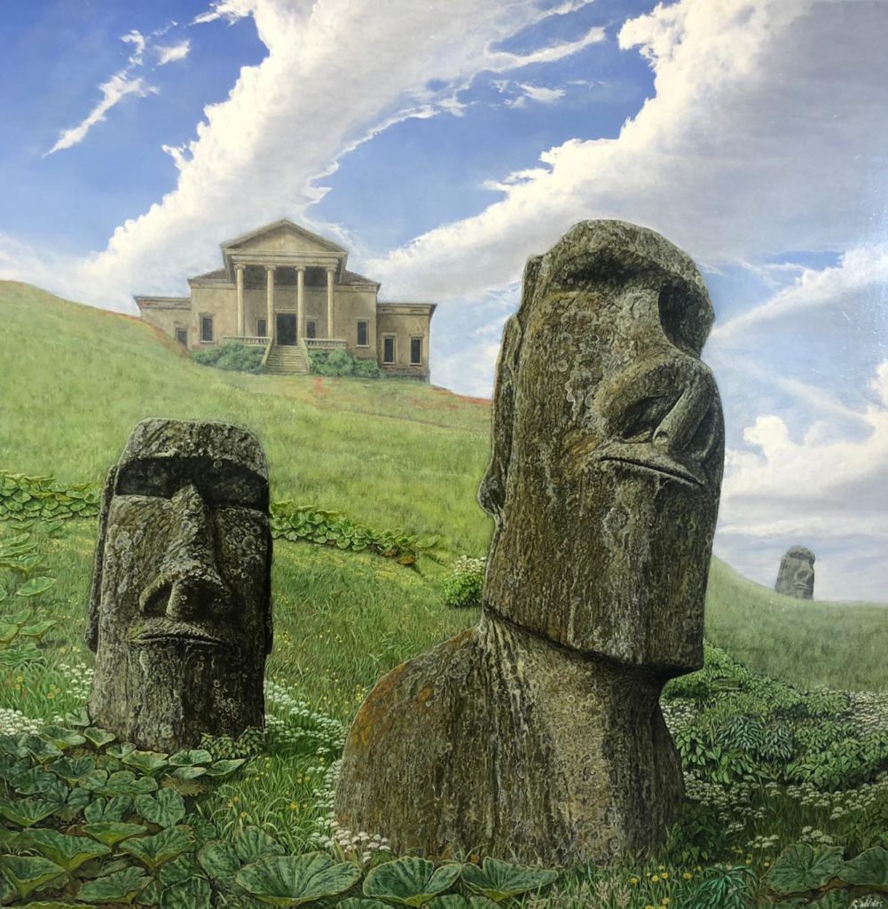 Gerrit de Vries quasi realistisch schilderij met stenen 'langoren' in het groene landschap. Op de achtergrond een 'Romeinse' tempel.