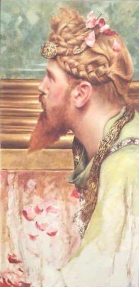 Man met rode baard en gevlochten rossig haar voorkomend op een schilderij van Tadema: de rozen van Heliogabalus.