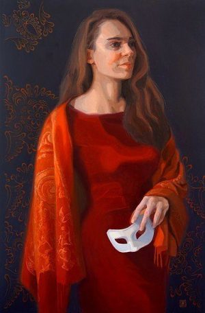 A lady in red dress and red shawl holding a white mask in her left hand. She has to make a choice..