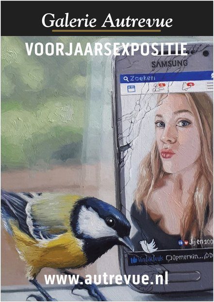 Olieverfschilderij getiteld Fakebook: een selfie te zien op een mobiel met gebroken venster. Een koolmeesje op de vensterbank kijkt naar het twitter logo.