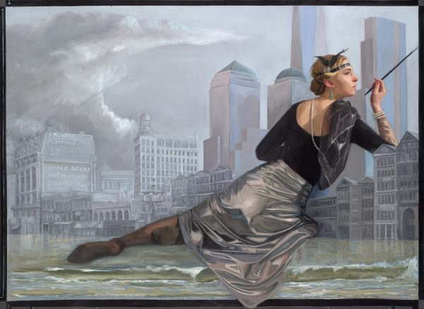 Dream of Freedom, oilpainting by Gabriëlle Westra and Randolph Algera. A woman in art deco style is sitting in an archtectual setting of New York, while waves are rolling at her feet.