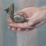 Close-up of the compass in the hands of a girl. En route is an oilpainting by Gabriëlle Westra