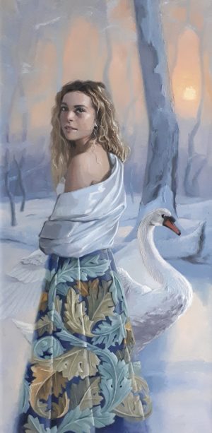 Nemesis, 80x120, oilpainting and 3D-effect on panel. A young girl with a whtie swan in a winter landscape. 1,28 mb
