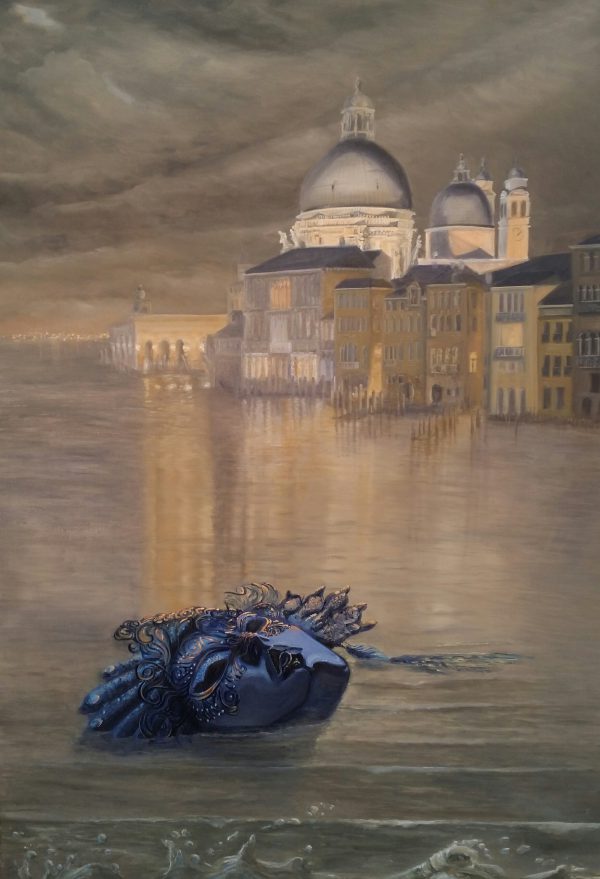 A blue mask is drifting in the water streets of Venice. In the background the buildings of Venice. Oilpainting called True Face by Randolph Algera.