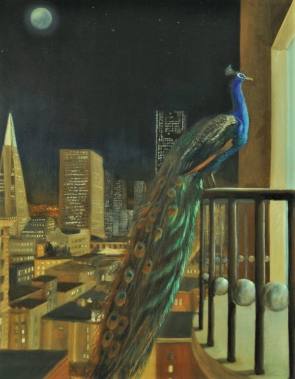 A peacock is peaking into an appartment, sitting on a balcony in a modern city at night. The moon is full. The balcony is decorated with spheres.