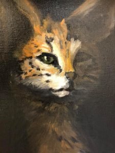 Close-up of a servalcat in an oilpainting of Randolph Algera, called Ode to the fish.