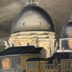 Detail of the painting True Face by Randolph Algera. Close up of the buildings in Venice