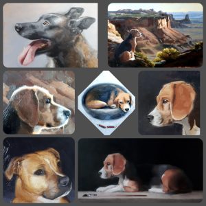 Een collage van schilderijen van honden, gemaakt door Gabriëlle Westra.