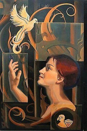 Oilpainting Fire by Gabriëlle Westra. A portrait of a red haired woman with phoenix birds and ornaments