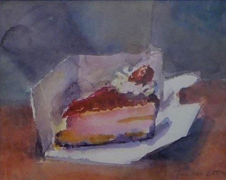 Aardbeien gebakje in geopend doosje - aquarel van Jan van Loon