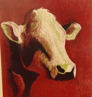 Houtsnede van een koe zonder hoorns. Wit rood gekleurd. 30x 30 cm. Gemaakt door Gabriëlle Westra