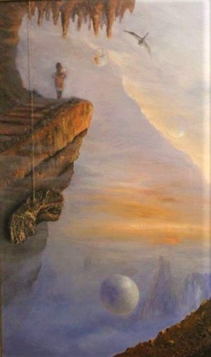 Leda and the Swan, oilpainting by Randolph Algera. A woman standing on a rock, looking out in a misty landscape with spheres, reflecting her. On a long rope a piece of rock is hanging. The swan is flying in the air.