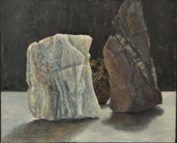 Een schilderij van Randolph Algera. Je ziet stenen, maar het zou ook een stuk marmer kunnen zijn. De natuur verrast.