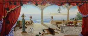 Mural of 5 x 2 m. of a mediteranian salon with view over the ocean. It is an ode to sir Alma Tadema. Grouppainting of the top of the worlds decorative painters.